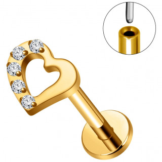 Piercing labret Titane dor� "Push-in" Coeur � c�t� serti (l�vre, lobe, h�lix, tragus...)