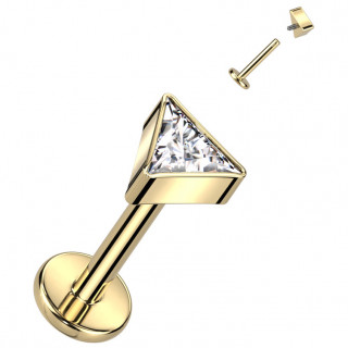 Piercing labret Titane dor� Triangle � zirconium et filetage interne (l�vre, tragus, h�lix...)