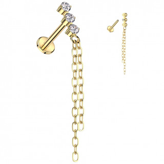 Piercing labret Titane dor� trio de zirconiums � double cha�ne