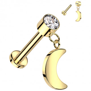Piercing labret Titane dor� � zirconium et lune en pendentif (tragus, h�lix...)