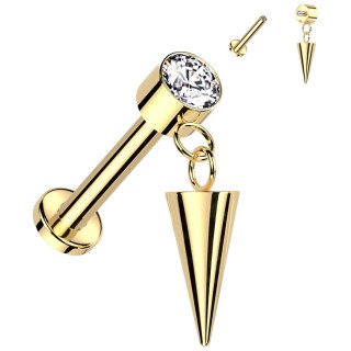Piercing labret Titane dor� zirconium � spike suspendu