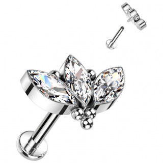 Piercing labret Titane � 3 feuilles zirconiums perl�es  (l�vre, tragus, h�lix...)