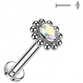 Piercing labret Titane Fleur de billes � zirconium Aurore Bor�ale (l�vre, h�lix, flat, lobe...)