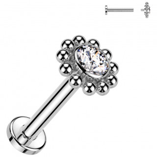 Piercing labret Titane Fleur de billes � zirconium Clair (l�vre, h�lix, flat, lobe...)