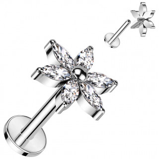 Piercing labret Titane Fleur � p�tales �tincelants et perle (l�vre, tragus, h�lix...)