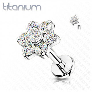 Piercing labret Titane fleur strass � filetage interne (l�vre, h�lix...)