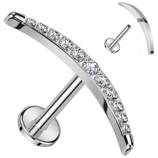 Piercing labret Titane � long croissant de lune pav� de zirconiums