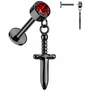 Piercing labret Titane noir � poignard en pendentif et zirconium rouge