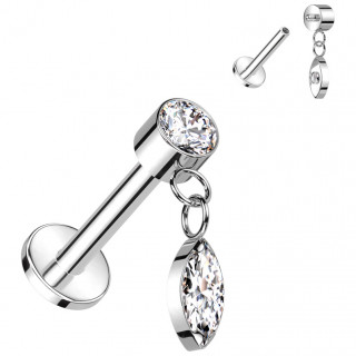 Piercing labret Titane � pendentif zirconium en amande (l�vre, tragus, h�lix...)