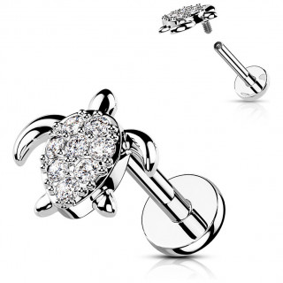 Piercing labret tortue argent�e � carapace pav�e de strass (l�vre, h�lix...)