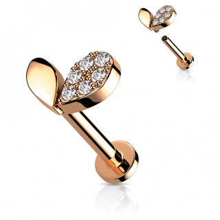 Piercing labret (tragus, helix...) Cuivr� � feuilles en coeur strass (filetage interne)