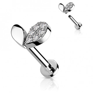 Piercing labret (tragus, helix...) � feuilles en coeur strass (filetage interne)