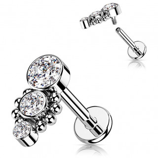 Piercing labret � trio de zirconiums asym�triques bord�s de perles