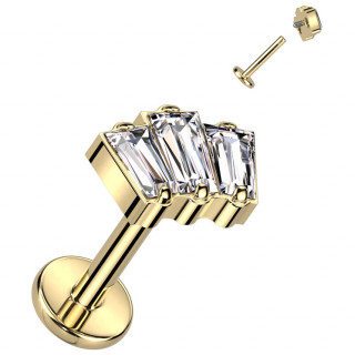 Piercing labret � zirconiums rectangulaires en Titane dor� � filetage interne (l�vre, tragus, h�lix...)