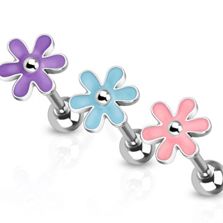 Piercing langue en acier avec extr�mit� � fleur color�e