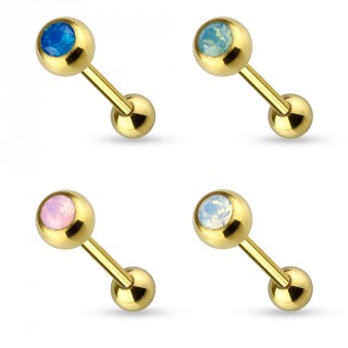 Piercing langue en acier dor� � boule sertie d'une Opalite