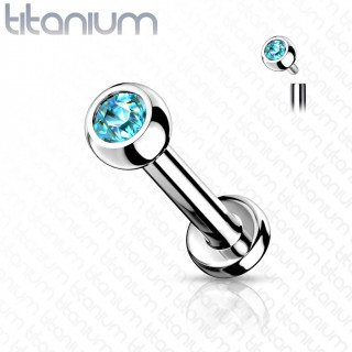 Piercing l�vre / cartilage Titane � boule sertie bleue aqua � filetage interne
