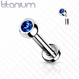 Piercing l�vre / cartilage Titane � boule sertie bleue � filetage interne