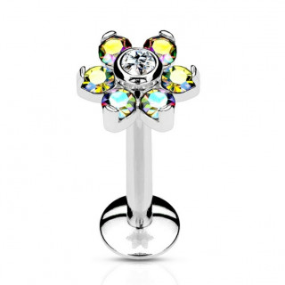 Piercing l�vre fleur � strass aurore bor�ale et clair au centre