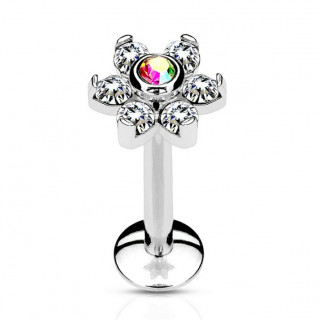 Piercing l�vre fleur � strass clairs et aurore bor�ale centrale