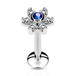 Piercing l�vre fleur � strass clairs et gemme bleue centrale
