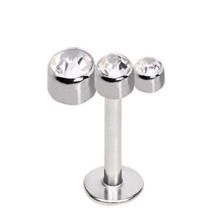 Piercing l�vre labret en acier � triade de strass asym�triques