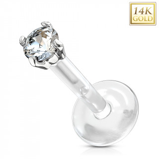 Piercing l�vre labret Or blanc 14 carats serti et tige bioflex