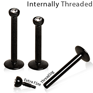 Piercing l�vre labret PVD noir � filetage interne et strass