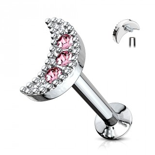 Piercing lune pav�e de strass - Rose (l�vre, cartilage)