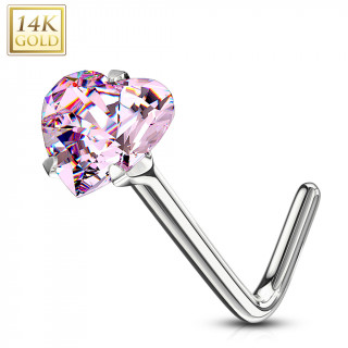 Piercing nez � coeur zirconium rose - or blanc 14 carats - Tige L