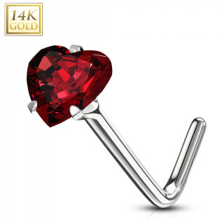 Piercing nez � coeur zirconium rouge - or blanc 14 carats - Tige L