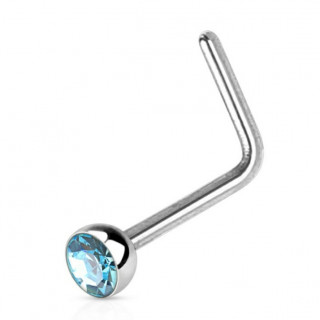 Piercing nez acier en "L" � strass bleu aqua