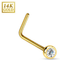 Piercing nez � boule sertie en or jaune 14 carats � tige en "L"