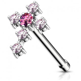 Piercing nez croix latine strass � tige droite - Rose