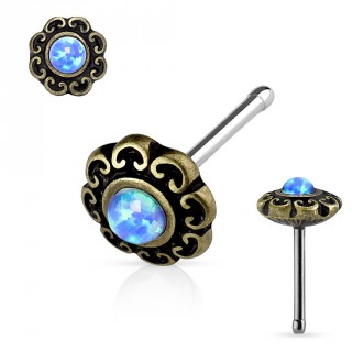 Piercing nez dor� antique � coeurs et Opale bleue