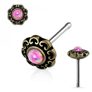 Piercing nez dor� antique � coeurs et Opale rose