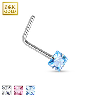 Piercing nez en or blanc 14 carats � tige en "L" et pierre carr�e
