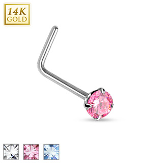 Piercing nez en or blanc 14 carats � tige en "L" et pierre ronde