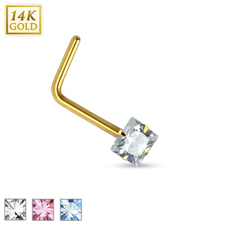 Piercing nez en or jaune 14 carats � tige en "L" et pierre carr�e