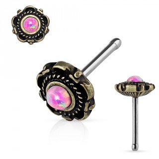 Piercing nez fleur dor� antique � Opale rose