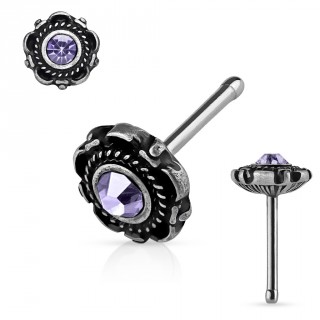 Piercing nez fleur gris ancien � cristal violet
