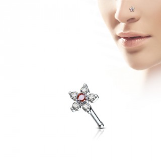Piercing nez � fleur strass claire et rouge