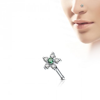 Piercing nez � fleur strass claire et vert emeraude