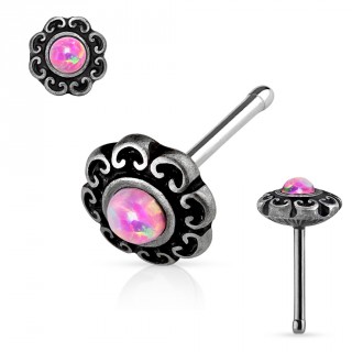 Piercing nez gris ancien � coeurs et Opale rose