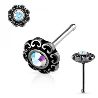 Piercing nez gris patin� � coeurs et cristal aurore bor�ale