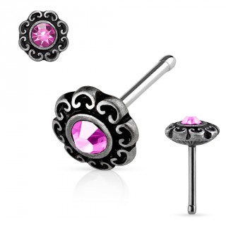 Piercing nez gris patin� � coeurs et cristal rose