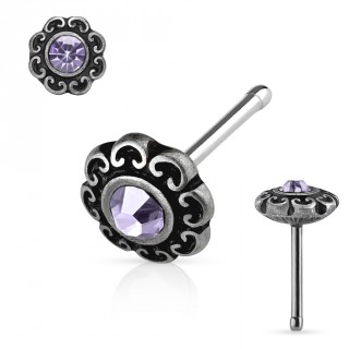 Piercing nez gris patin� � coeurs et cristal violet