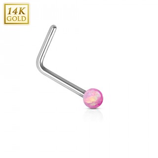 Piercing nez or blanc 14 carats avec Opale synth�tique rose