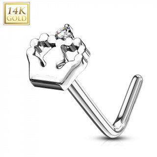 Piercing nez or blanc 14 carats � couronne sertie - Tige L
