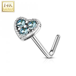 Piercing nez or blanc 14 carats � embout coeur bleu ciel - Tige L